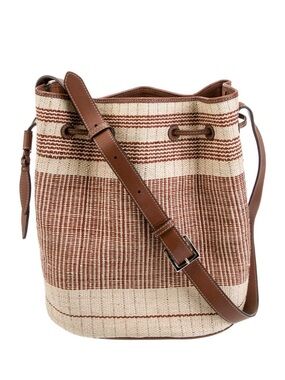 Hunting Season Woven Brown & Cream Striped Crossbody Leather & Straw Bucket Bag